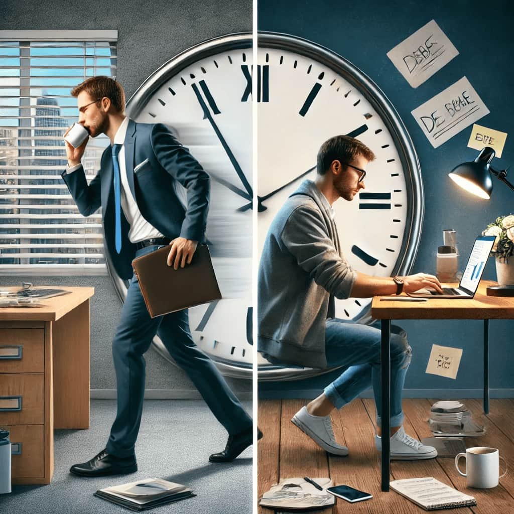 A split-screen concept showing a person balancing a full-time job and side hustle. A Common Side Hustle Roadblocks